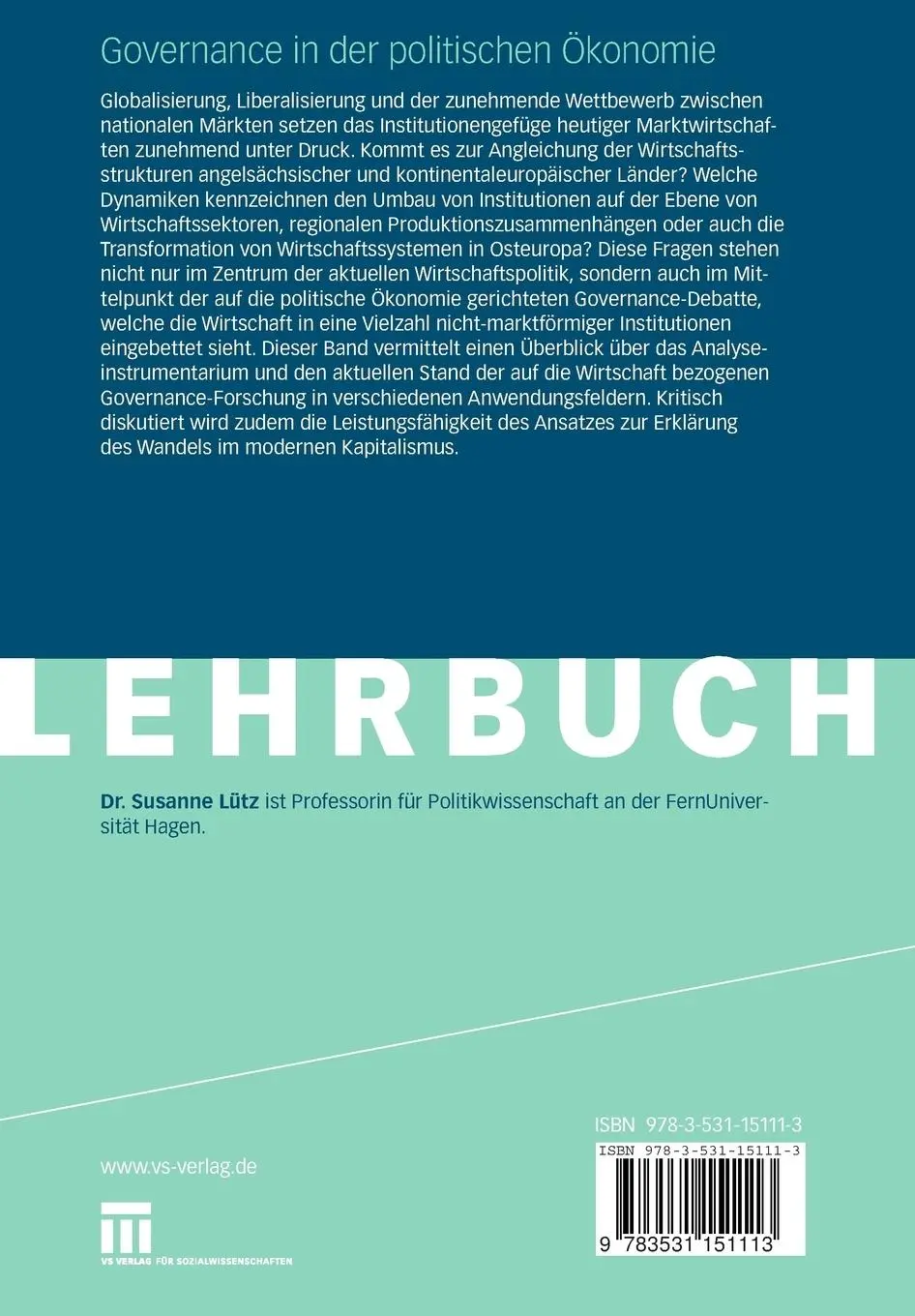 Rückseite: 9783531151113 | Governance in der politischen Ökonomie | Susanne Lütz | Taschenbuch