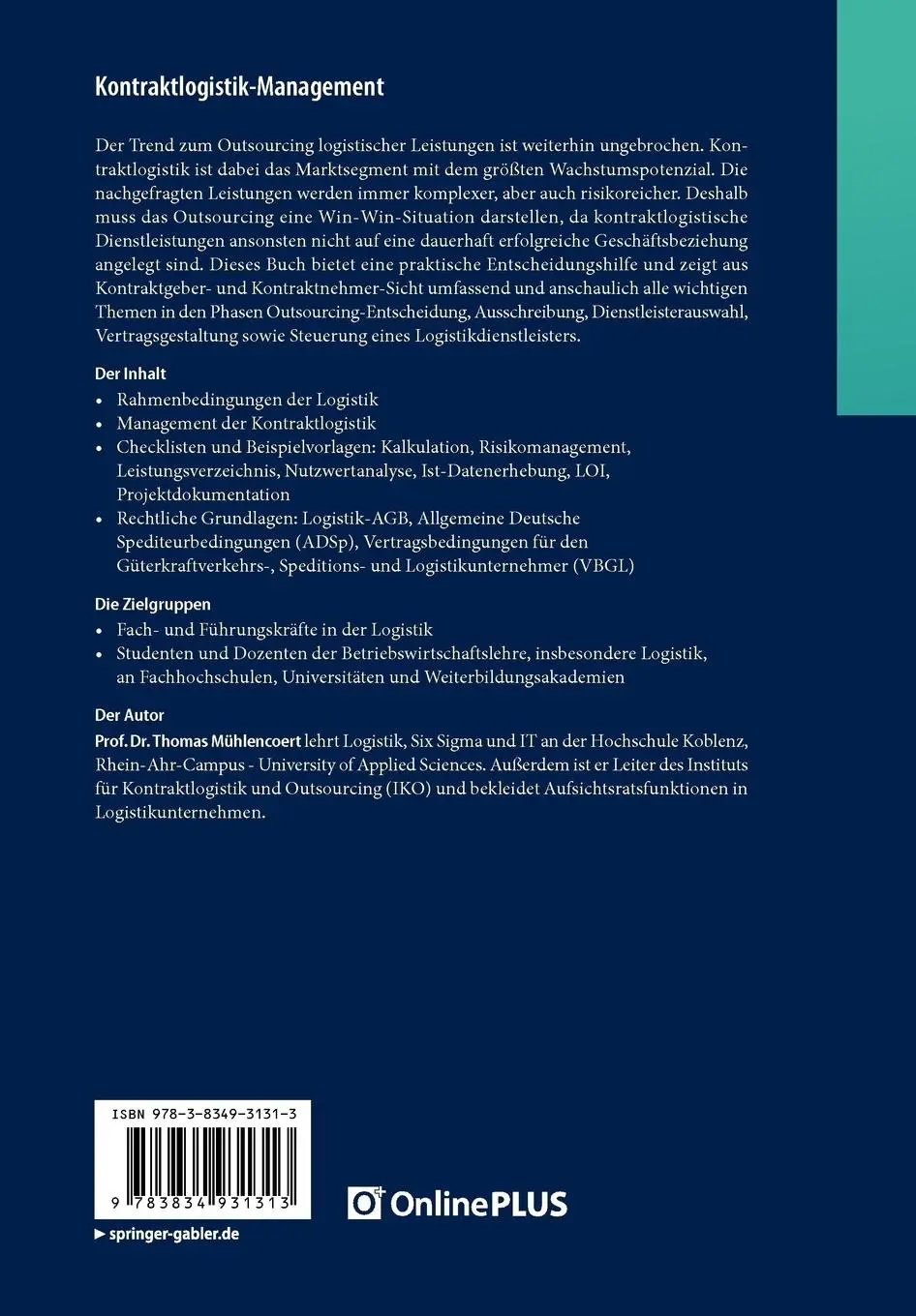 Rückseite: 9783834931313 | Kontraktlogistik-Management | Grundlagen - Beispiele - Checklisten