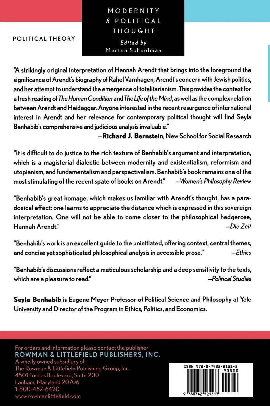 Rückseite: 9780742521513 | The Reluctant Modernism of Hannah Arendt | Seyla Benhabib | Buch