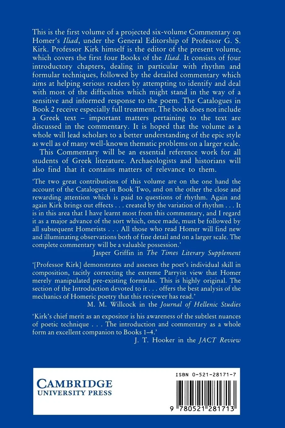Rückseite: 9780521281713 | The Iliad | A Commentary: Volume 1, Books 1-4 | G. S. Kirk (u. a.)