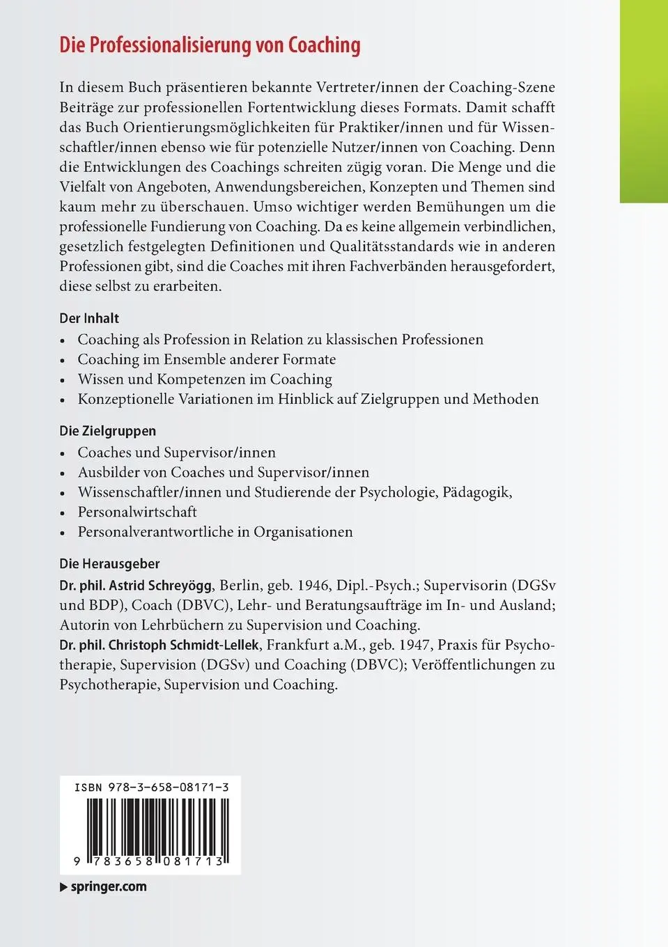 Rückseite: 9783658081713 | Die Professionalisierung von Coaching | Ein Lesebuch für den Coach