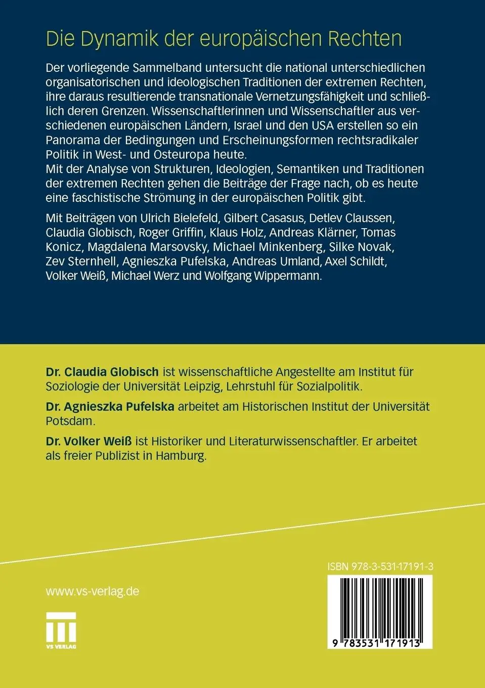 Rückseite: 9783531171913 | Die Dynamik der europäischen Rechten | Claudia Globisch (u. a.) | Buch