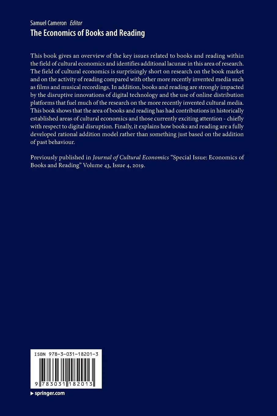 Rückseite: 9783031182013 | The Economics of Books and Reading | Samuel Cameron | Taschenbuch | v