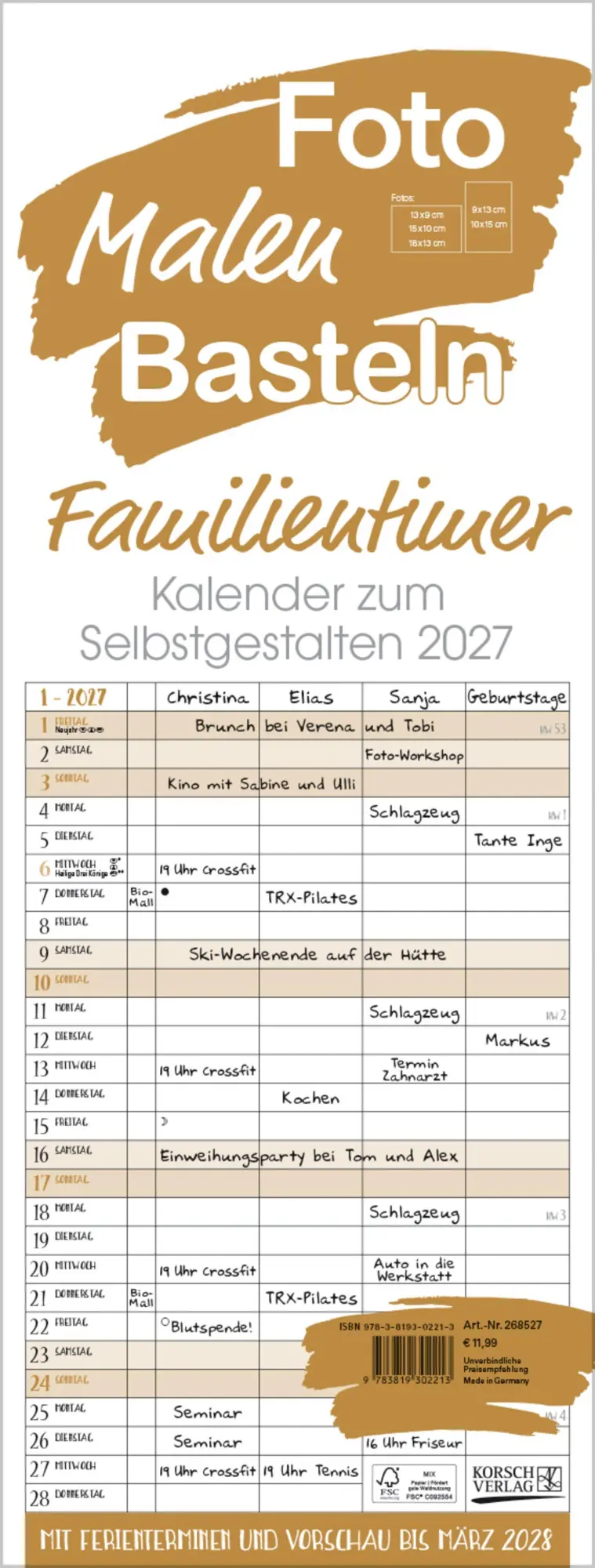 Cover: 9783819302213 | Foto-Malen-Basteln Familientimer gold 2027 | Verlag Korsch | Kalender