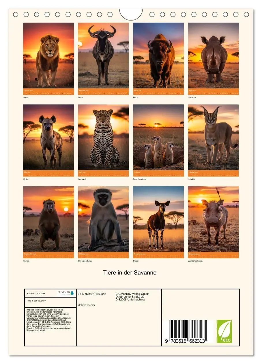 Bild: 9783516662313 | Tiere in der Savanne (Wandkalender 2026 DIN A4 hoch), CALVENDO...