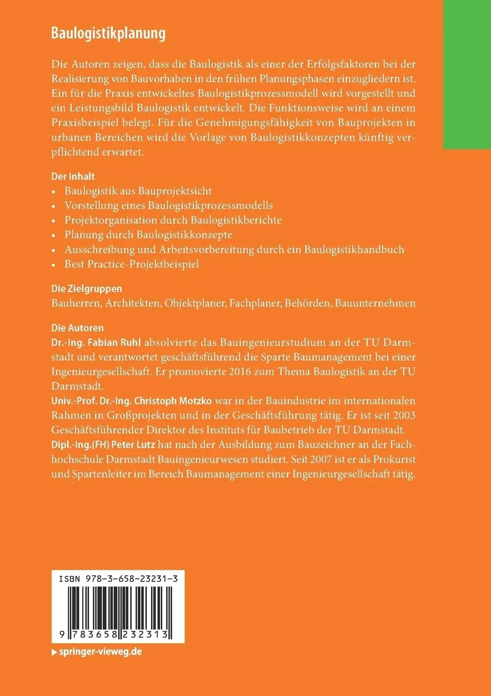 Rückseite: 9783658232313 | Baulogistikplanung | Fabian Ruhl (u. a.) | Taschenbuch | essentials