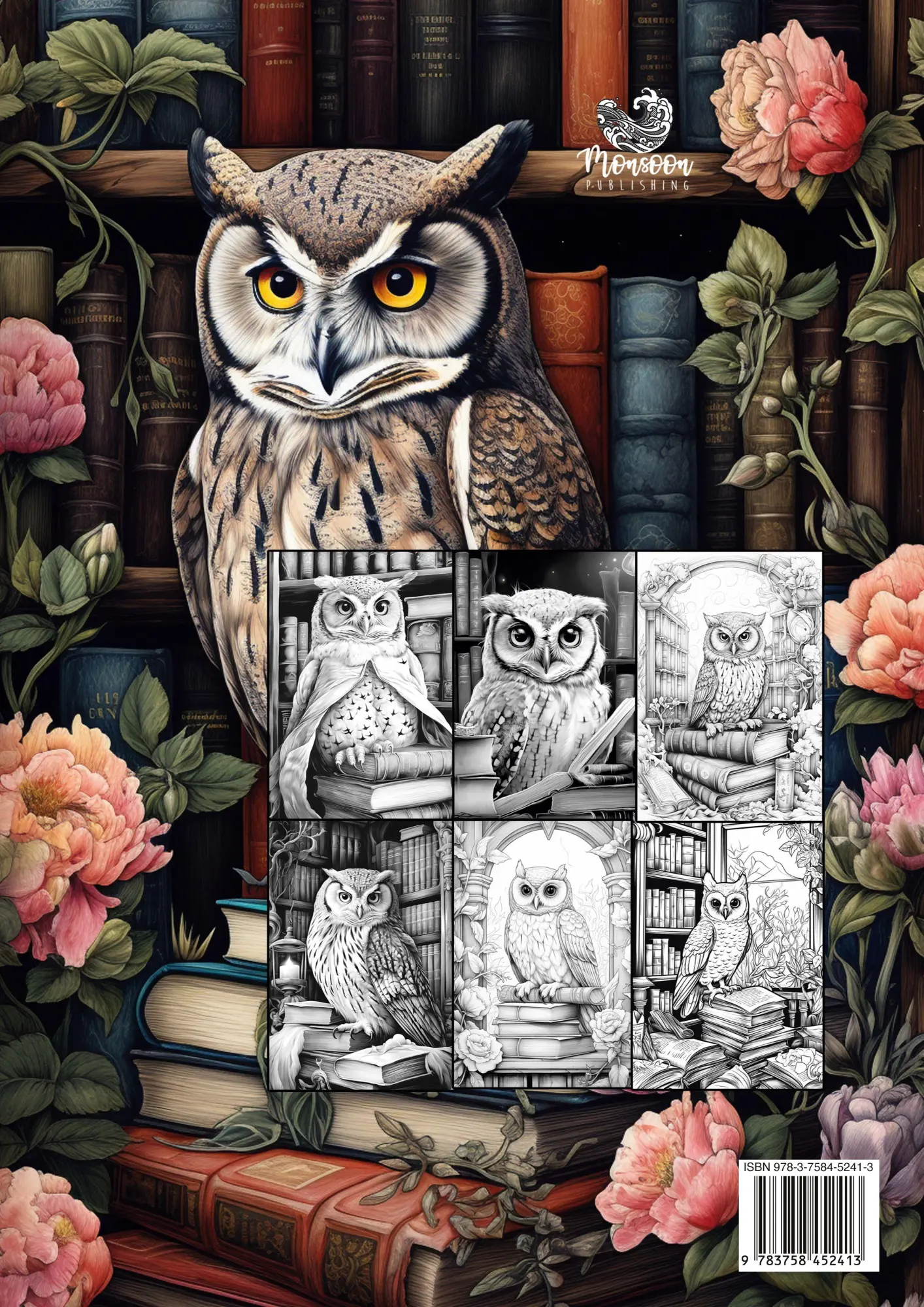 Rückseite: 9783758452413 | Owln in the Library Coloring Book for Adults | Monsoon Publising