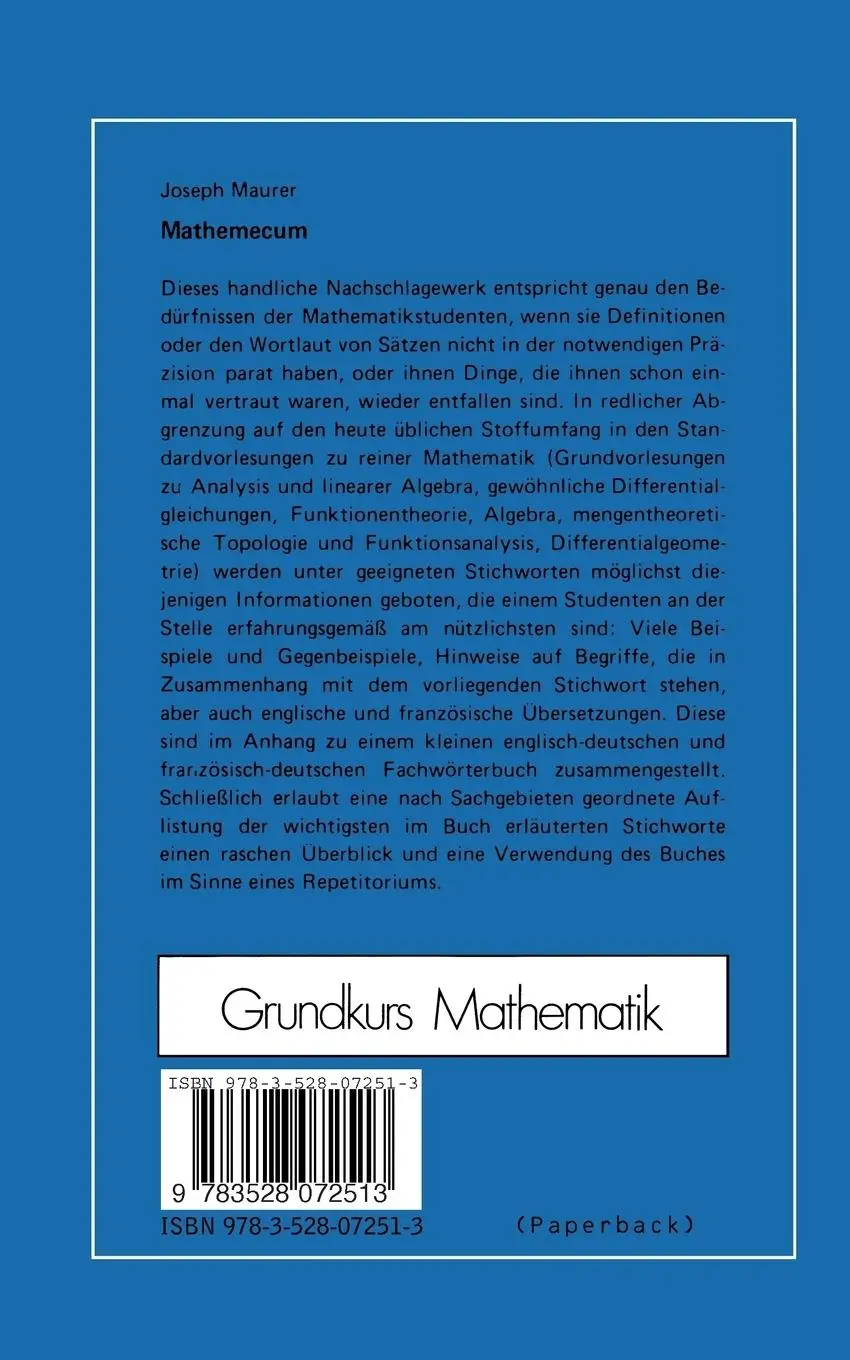 Rückseite: 9783528072513 | Mathemecum | Begriffe - Definitionen - Sätze - Beispiele | Maurer
