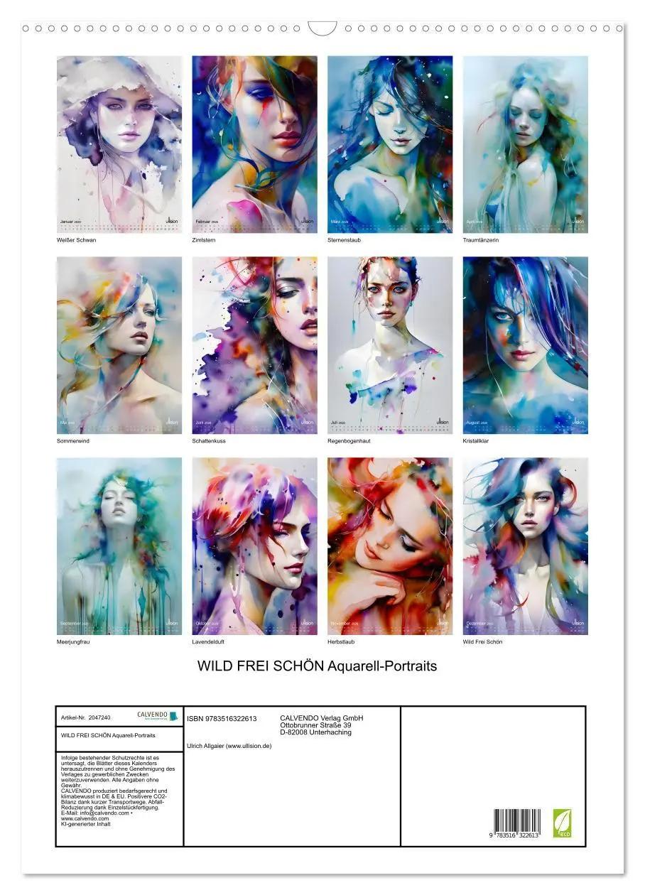 Bild: 9783516322613 | WILD FREI SCHÖN Aquarell-Portraits (Wandkalender 2026 DIN A2 hoch),...