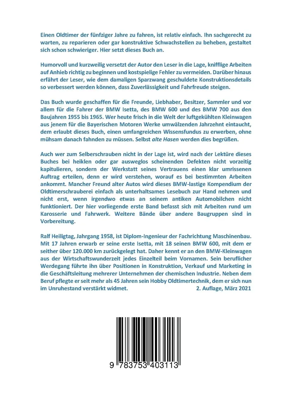 Rückseite: 9783753403113 | Der Isettaschrauber | Band 1: Karosserie und Fahrwerk | Ralf Heiligtag
