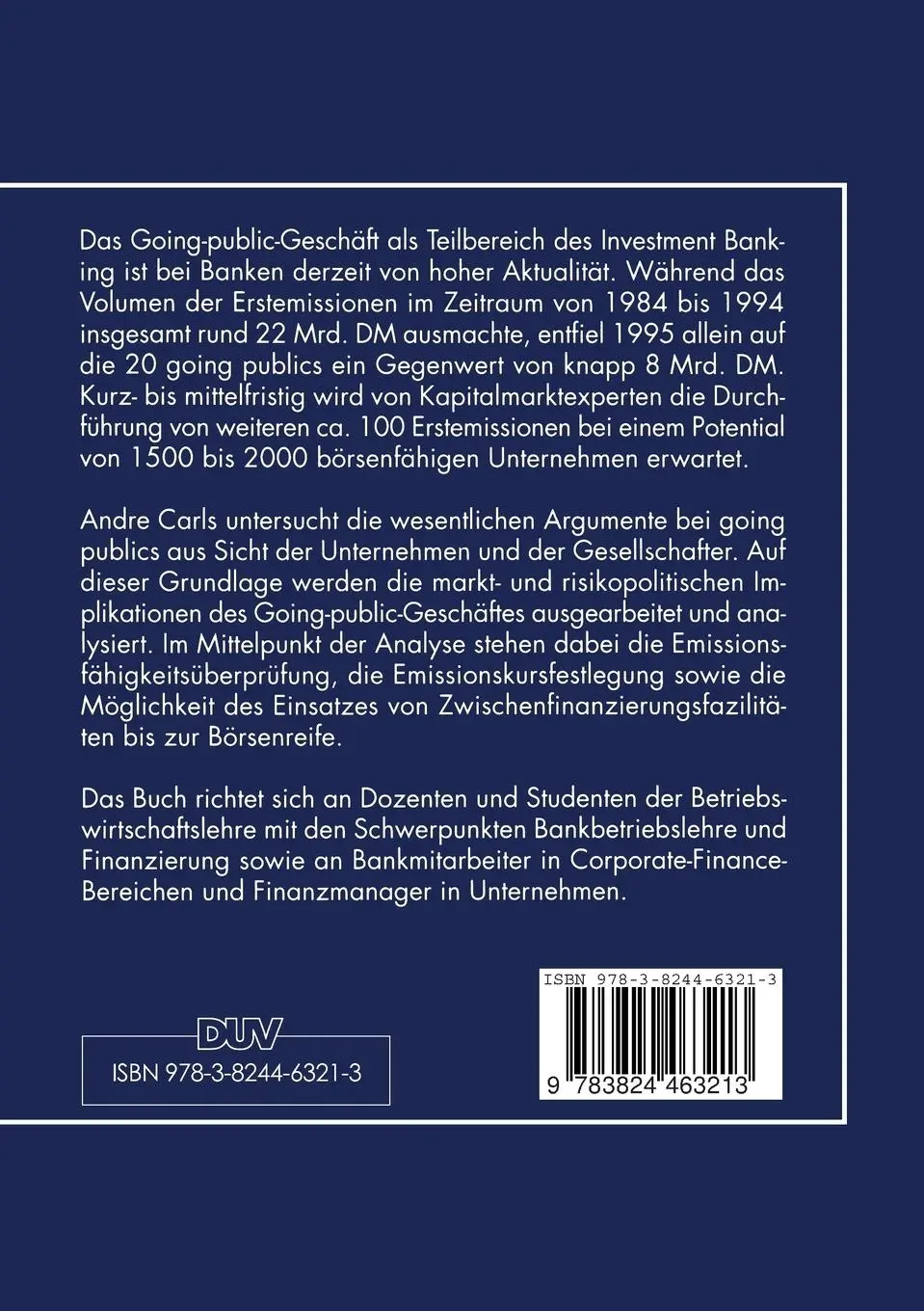 Rückseite: 9783824463213 | Das Going-public-Geschäft deutscher Banken | Andre Carls | Taschenbuch