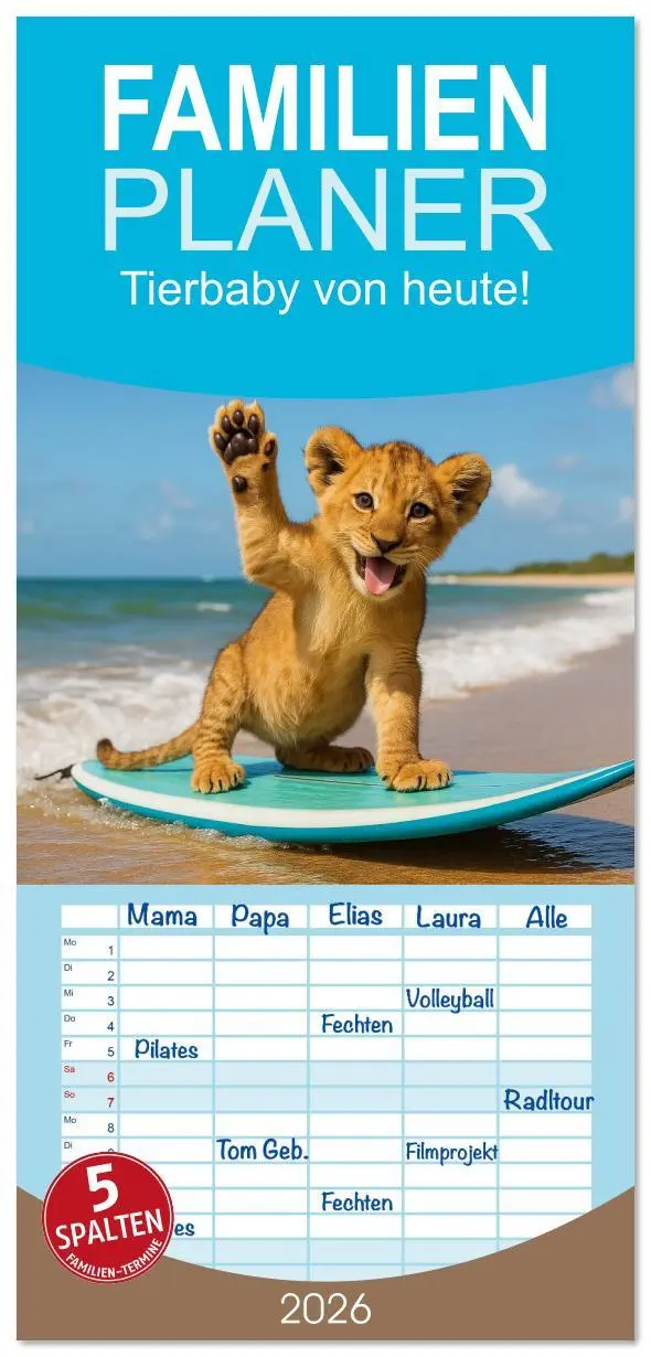 Cover: 9783516623413 | Familienplaner 2026 - Tierbaby von heute! mit 5 Spalten...