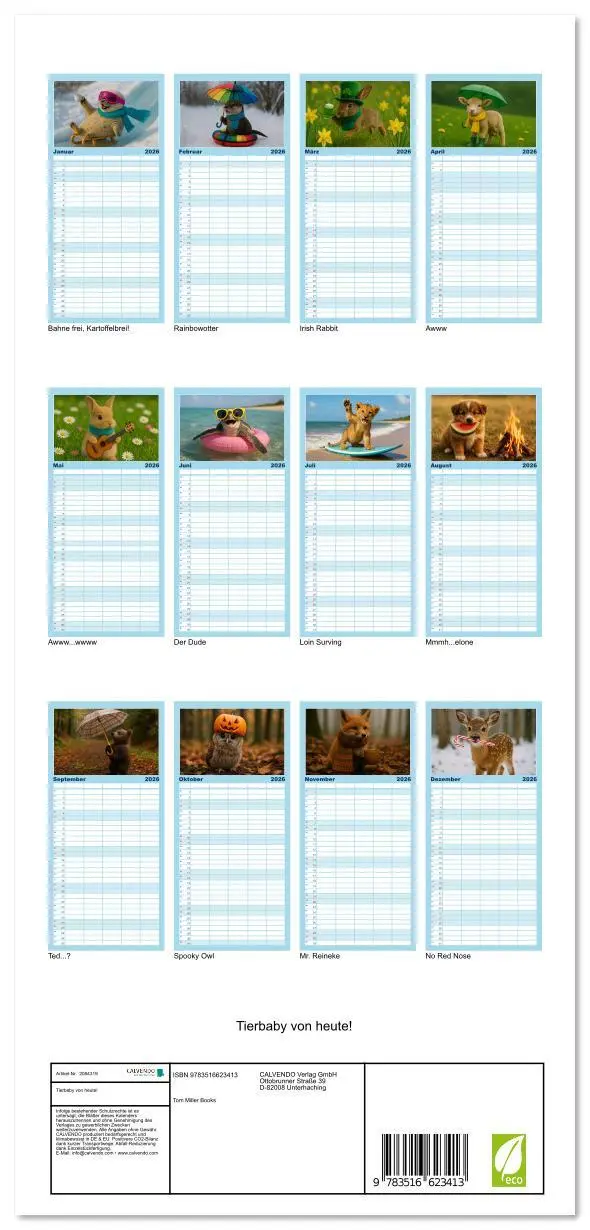 Bild: 9783516623413 | Familienplaner 2026 - Tierbaby von heute! mit 5 Spalten...