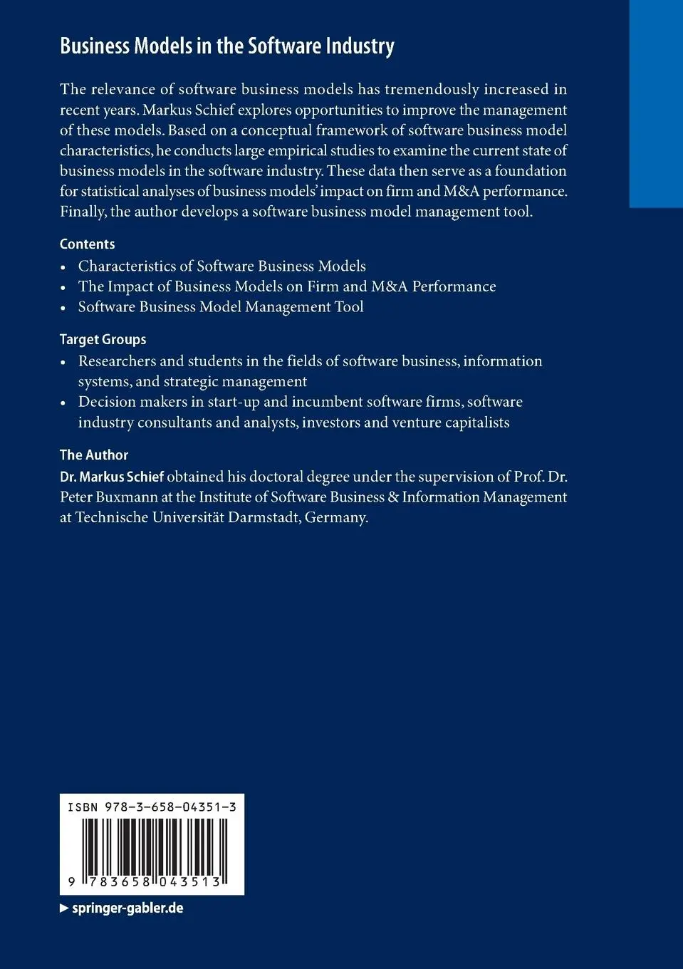 Rückseite: 9783658043513 | Business Models in the Software Industry | Markus Schief | Taschenbuch