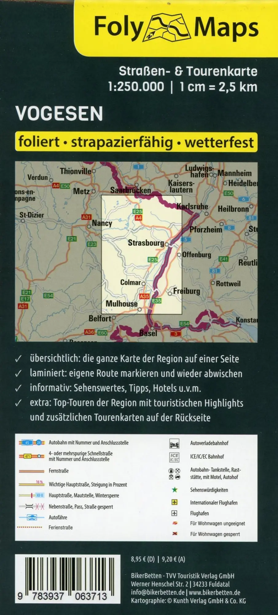 Bild: 9783937063713 | FolyMaps Vogesen 1:250 000 | Straßen- und Tourenkarte | Bikerbetten