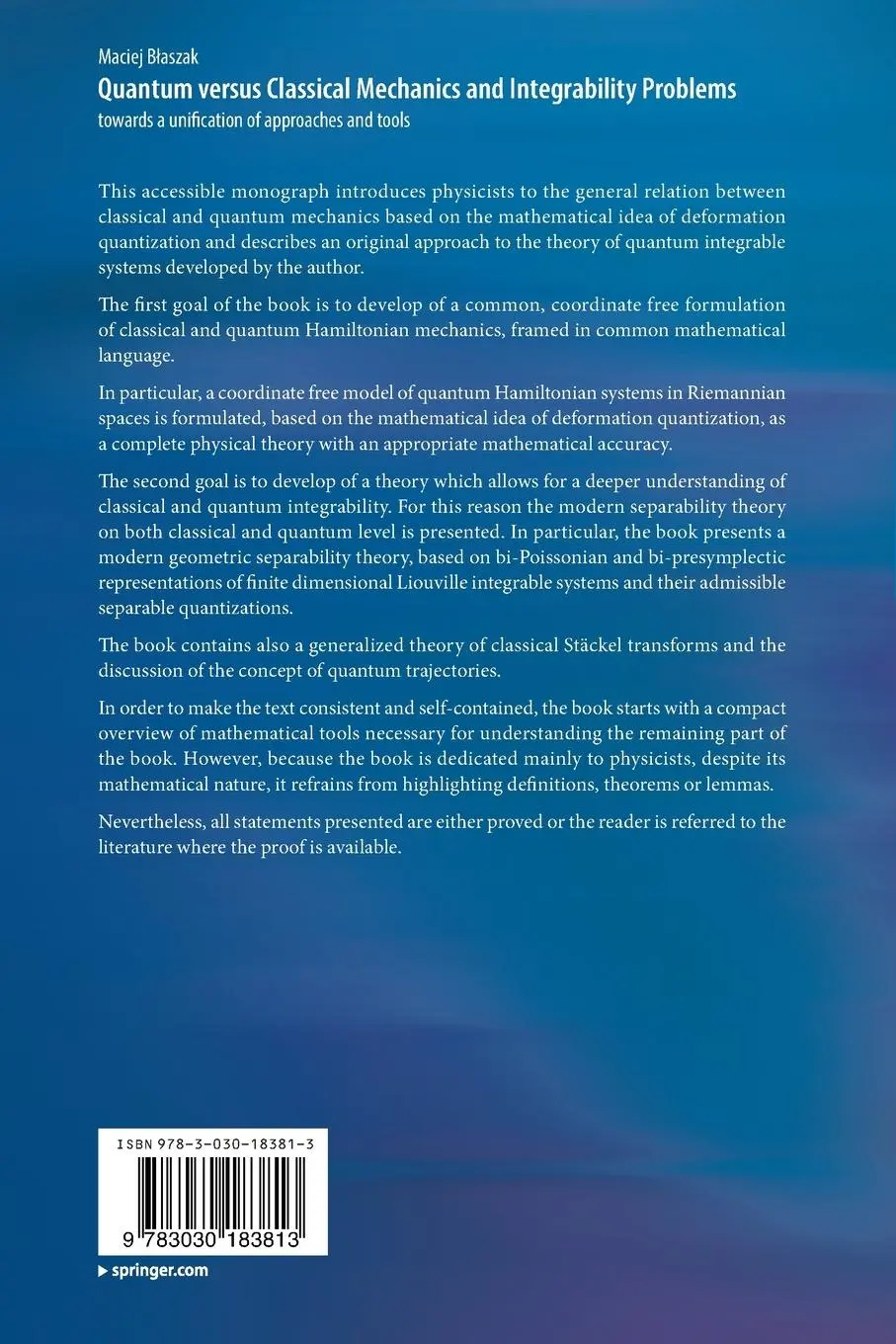 Rückseite: 9783030183813 | Quantum versus Classical Mechanics and Integrability Problems | Buch
