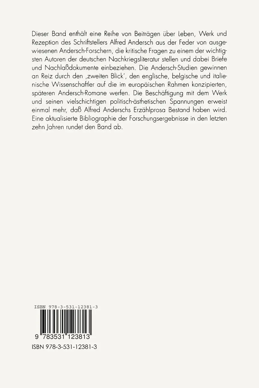 Rückseite: 9783531123813 | Alfred Andersch | Perspektiven zu Leben und Werk | Wehdeking (u. a.)