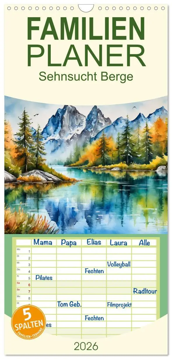 Cover: 9783516494013 | Familienplaner 2026 - Sehnsucht Berge mit 5 Spalten (Wandkalender,...
