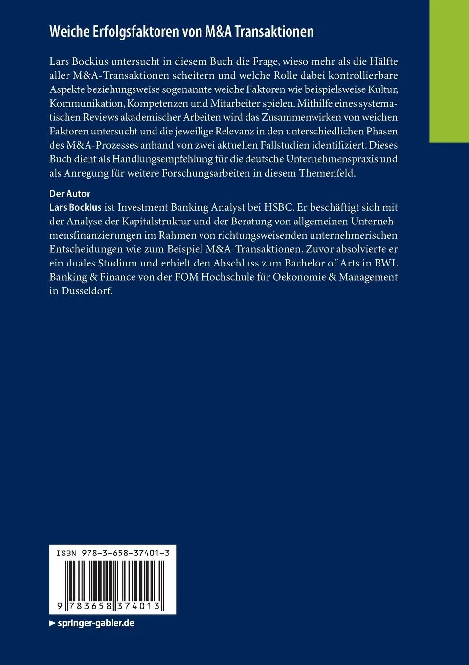 Rückseite: 9783658374013 | Weiche Erfolgsfaktoren von M&amp;A Transaktionen | Lars Bockius | Buch