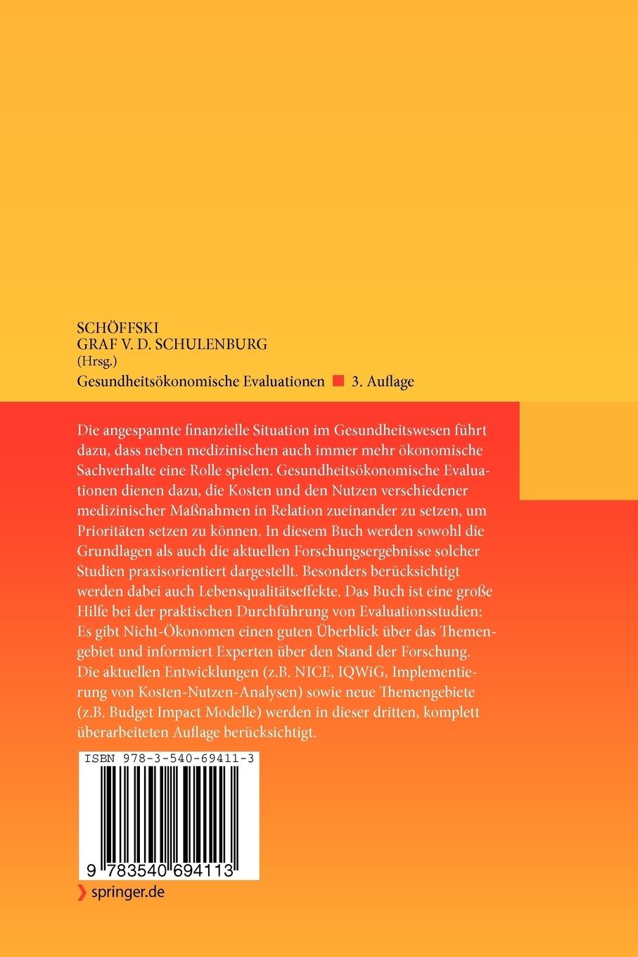 Rückseite: 9783540694113 | Gesundheitsökonomische Evaluationen | Schulenburg (u. a.) | Buch | xx