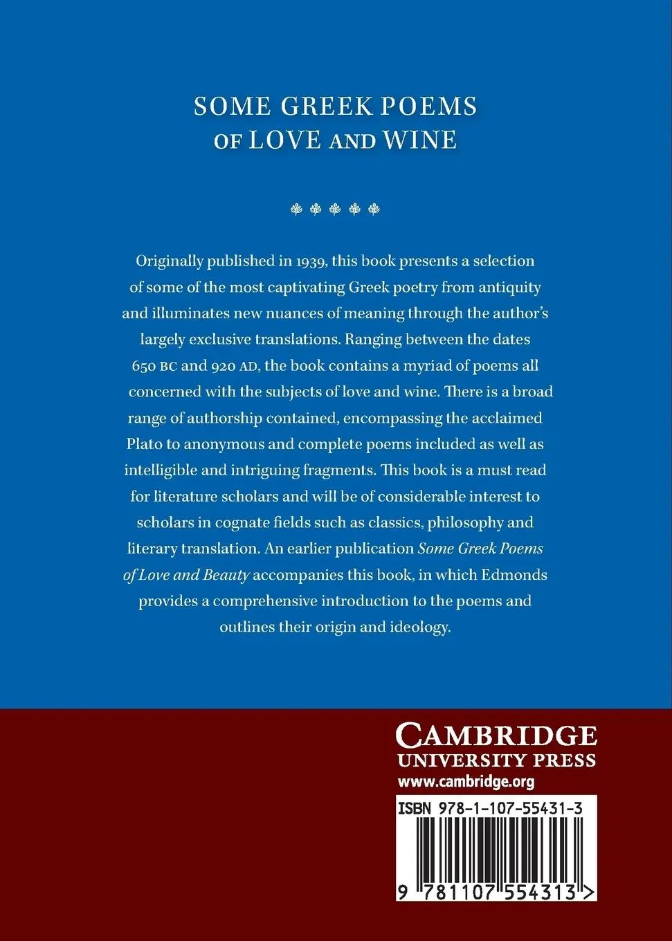 Rückseite: 9781107554313 | Some Greek Poems of Love and Wine | J. M. Edmonds | Taschenbuch | 2015