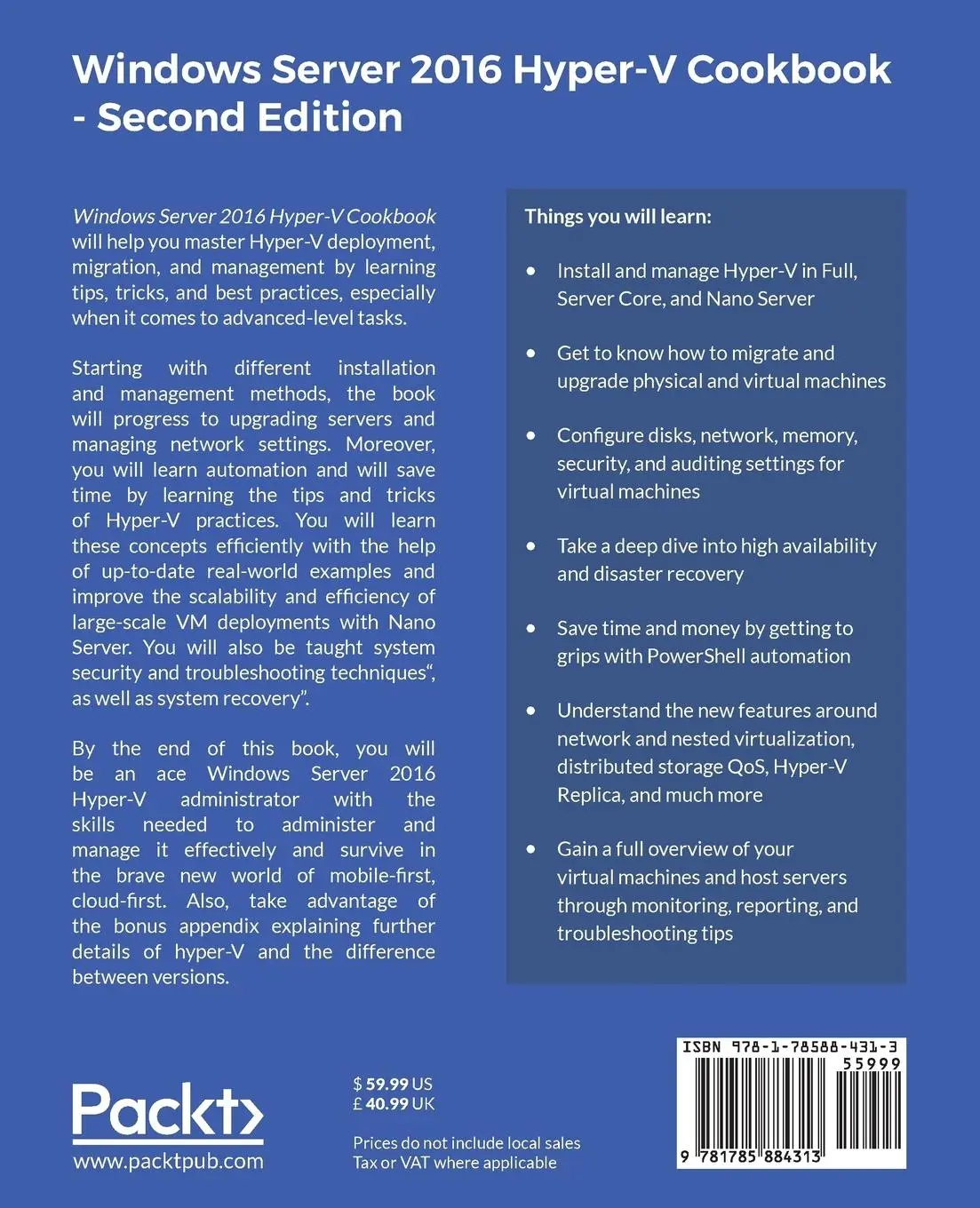 Rückseite: 9781785884313 | Windows Server 2016 Hyper-V Cookbook - Second Edition | Lownds (u. a.)