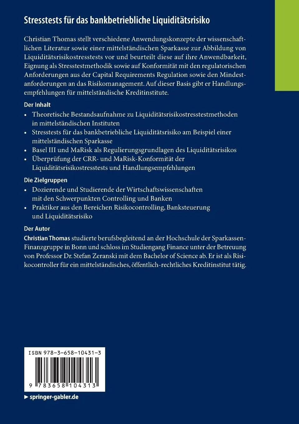 Rückseite: 9783658104313 | Stresstests für das bankbetriebliche Liquiditätsrisiko | Thomas | Buch