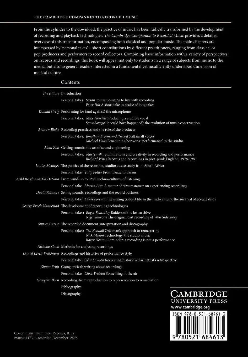 Rückseite: 9780521684613 | The Cambridge Companion to Recorded Music | Nicholas Cook (u. a.)