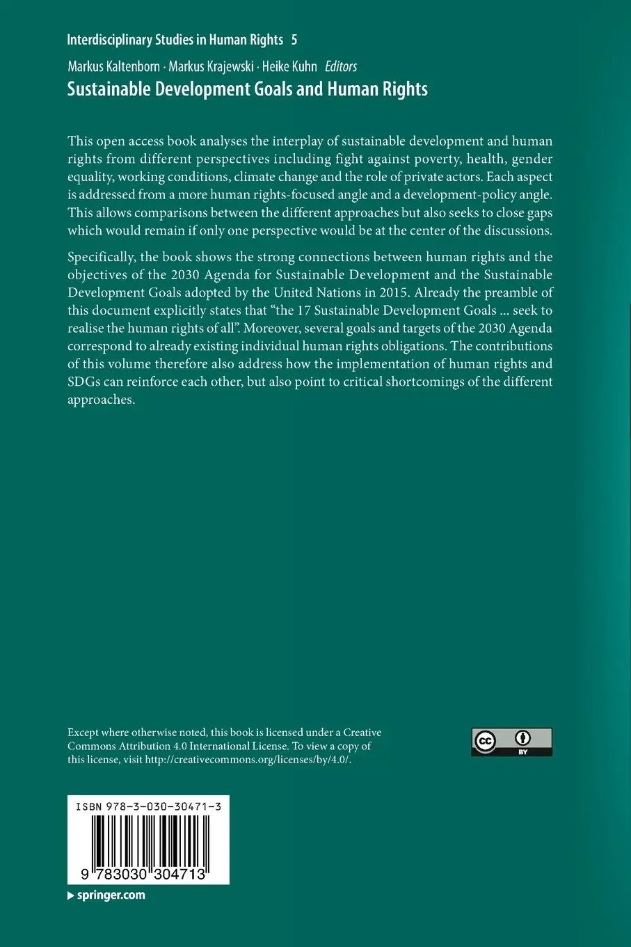 Rückseite: 9783030304713 | Sustainable Development Goals and Human Rights | Kaltenborn (u. a.)