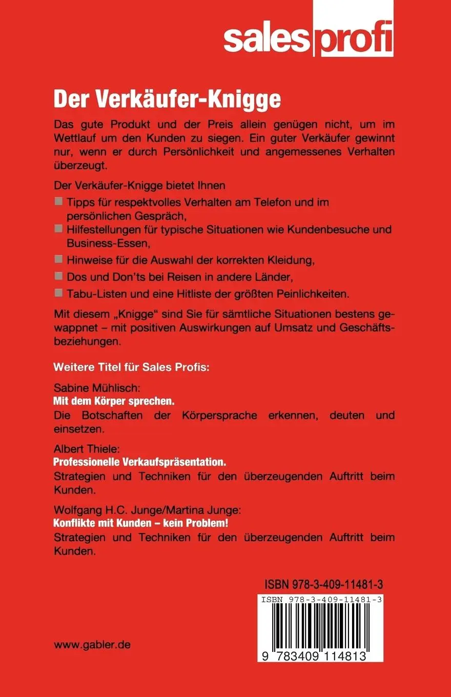 Rückseite: 9783409114813 | Der Verkäufer-Knigge | Money machen mit Manieren | Zelms (u. a.)
