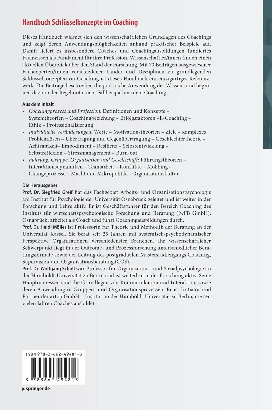 Rückseite: 9783662494813 | Handbuch Schlüsselkonzepte im Coaching | Siegfried Greif (u. a.) | xix