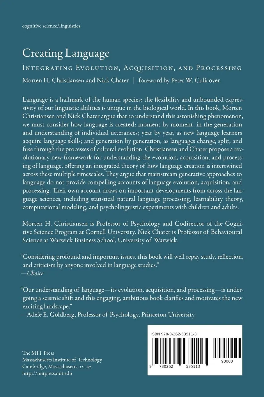 Rückseite: 9780262535113 | Creating Language | Integrating Evolution, Acquisition, and Processing