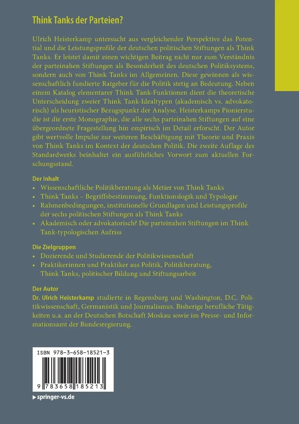 Rückseite: 9783658185213 | Think Tanks der Parteien? | Ulrich Heisterkamp | Taschenbuch | xix