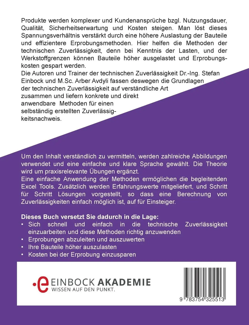 Rückseite: 9783754325513 | Technische Zuverlässigkeit mit MINITAB® | Stefan Einbock (u. a.)