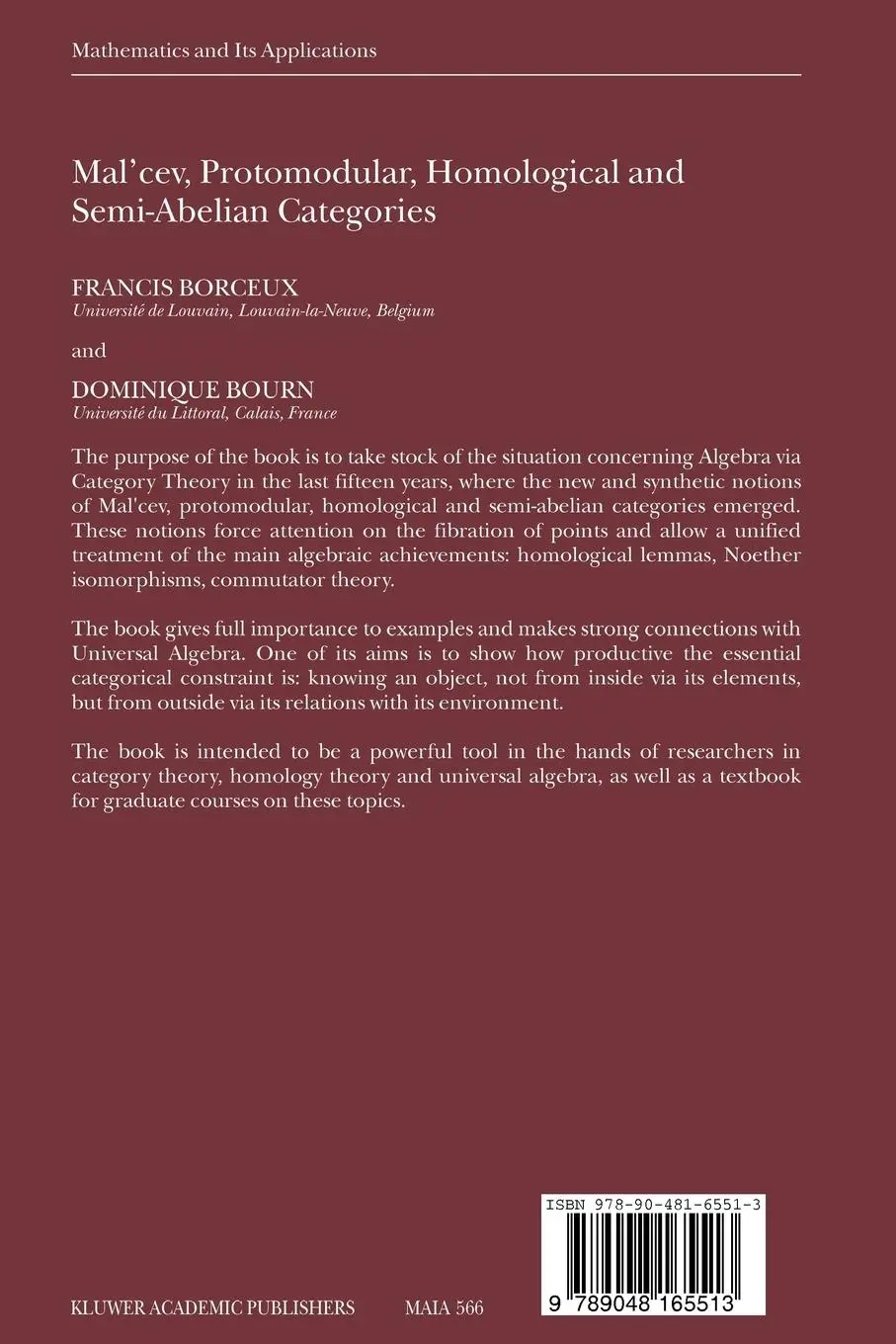 Rückseite: 9789048165513 | Mal'cev, Protomodular, Homological and Semi-Abelian Categories | Buch
