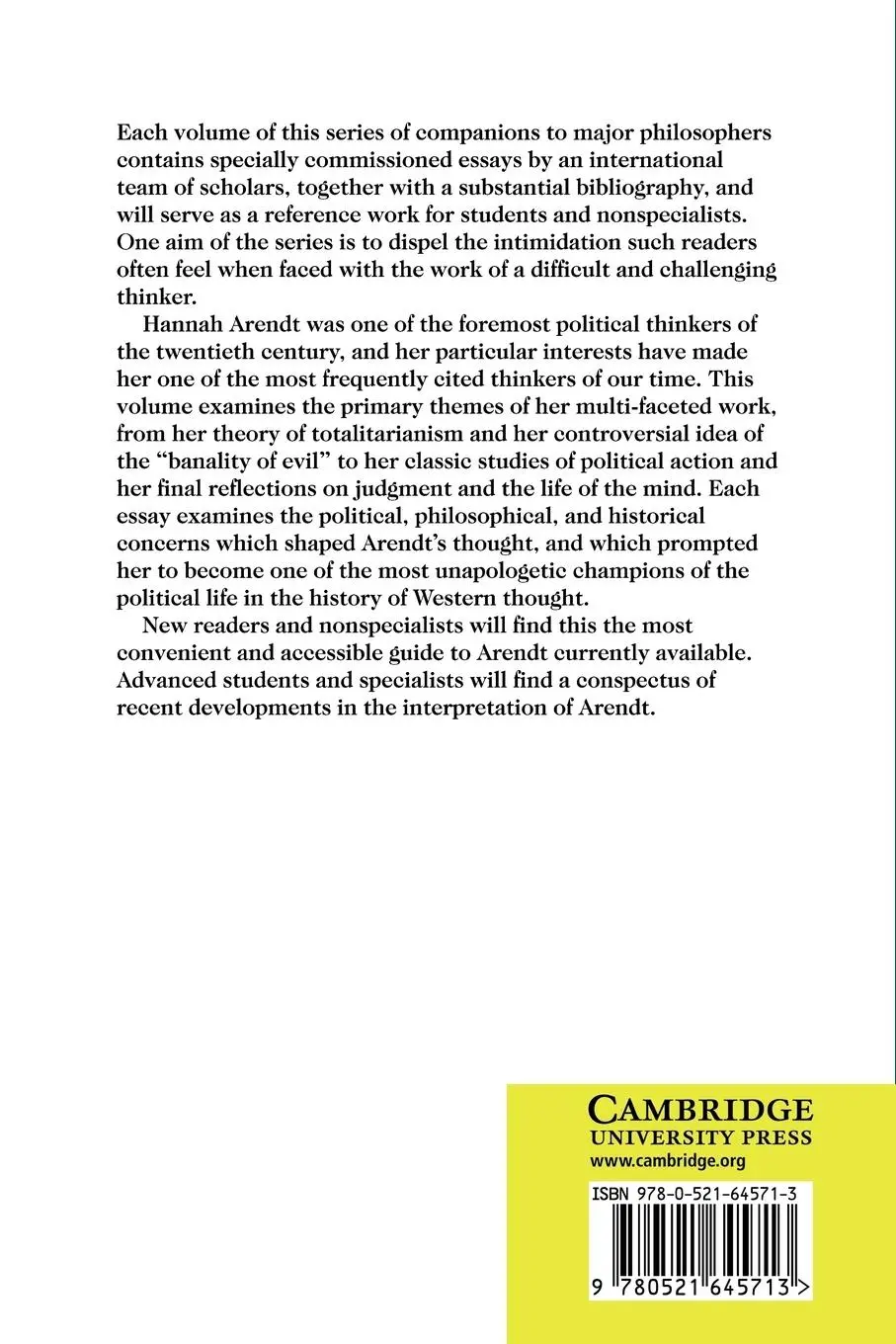 Rückseite: 9780521645713 | The Cambridge Companion to Hannah Arendt | Dana Richard Villa | Buch