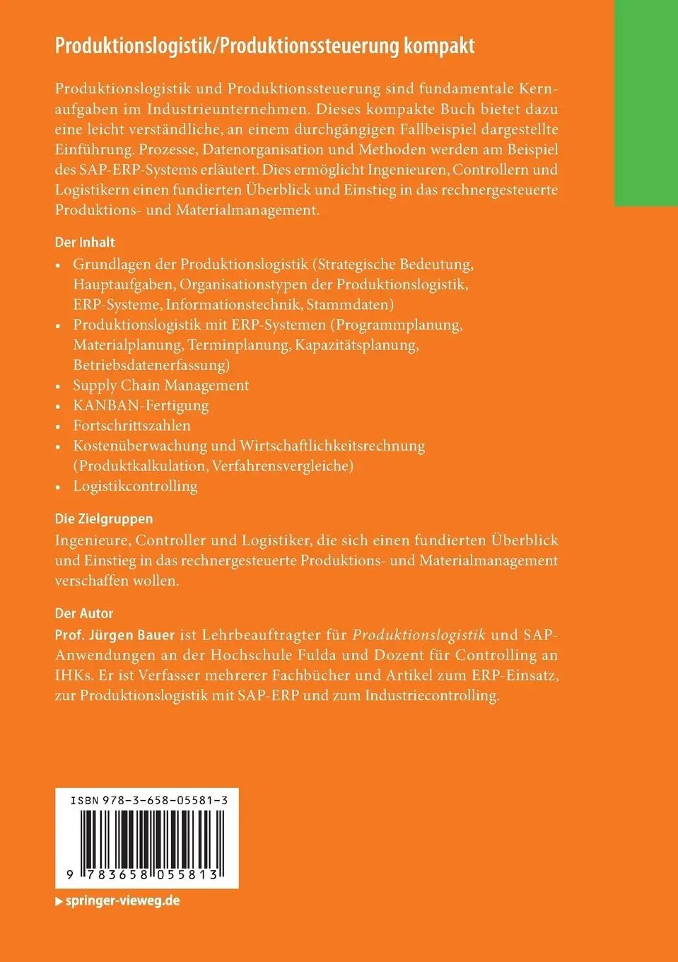 Rückseite: 9783658055813 | Produktionslogistik/Produktionssteuerung kompakt | Jürgen Bauer | Buch