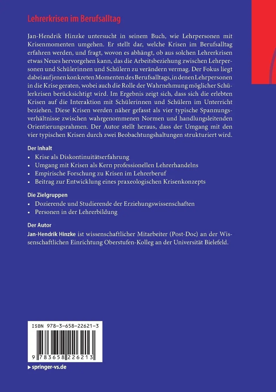 Rückseite: 9783658226213 | Lehrerkrisen im Berufsalltag | Jan-Hendrik Hinzke | Taschenbuch | xvi