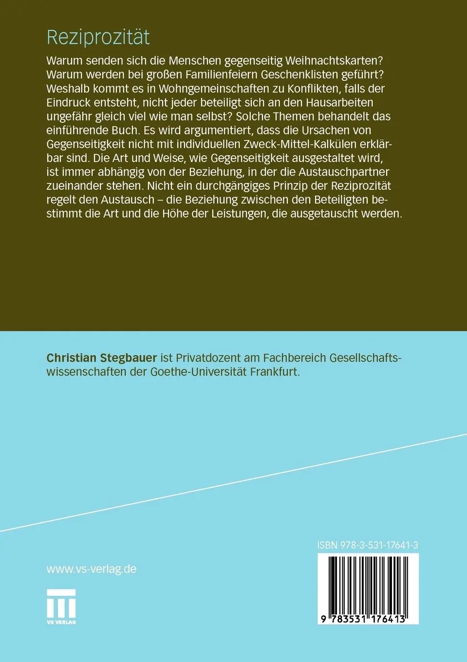 Rückseite: 9783531176413 | Reziprozität | Einführung in soziale Formen der Gegenseitigkeit | Buch