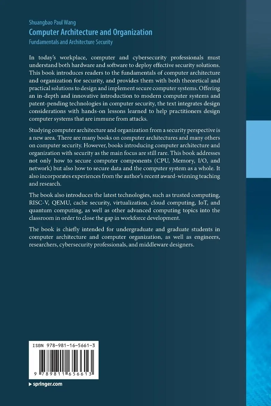 Rückseite: 9789811656613 | Computer Architecture and Organization | Shuangbao Paul Wang | Buch