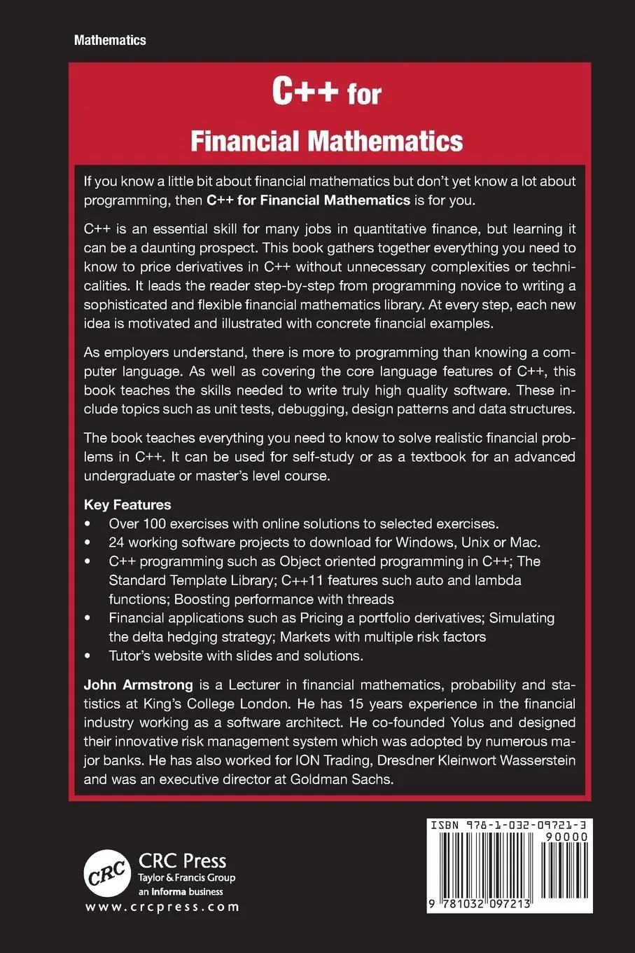 Rückseite: 9781032097213 | C++ for Financial Mathematics | John Armstrong | Taschenbuch | 2021