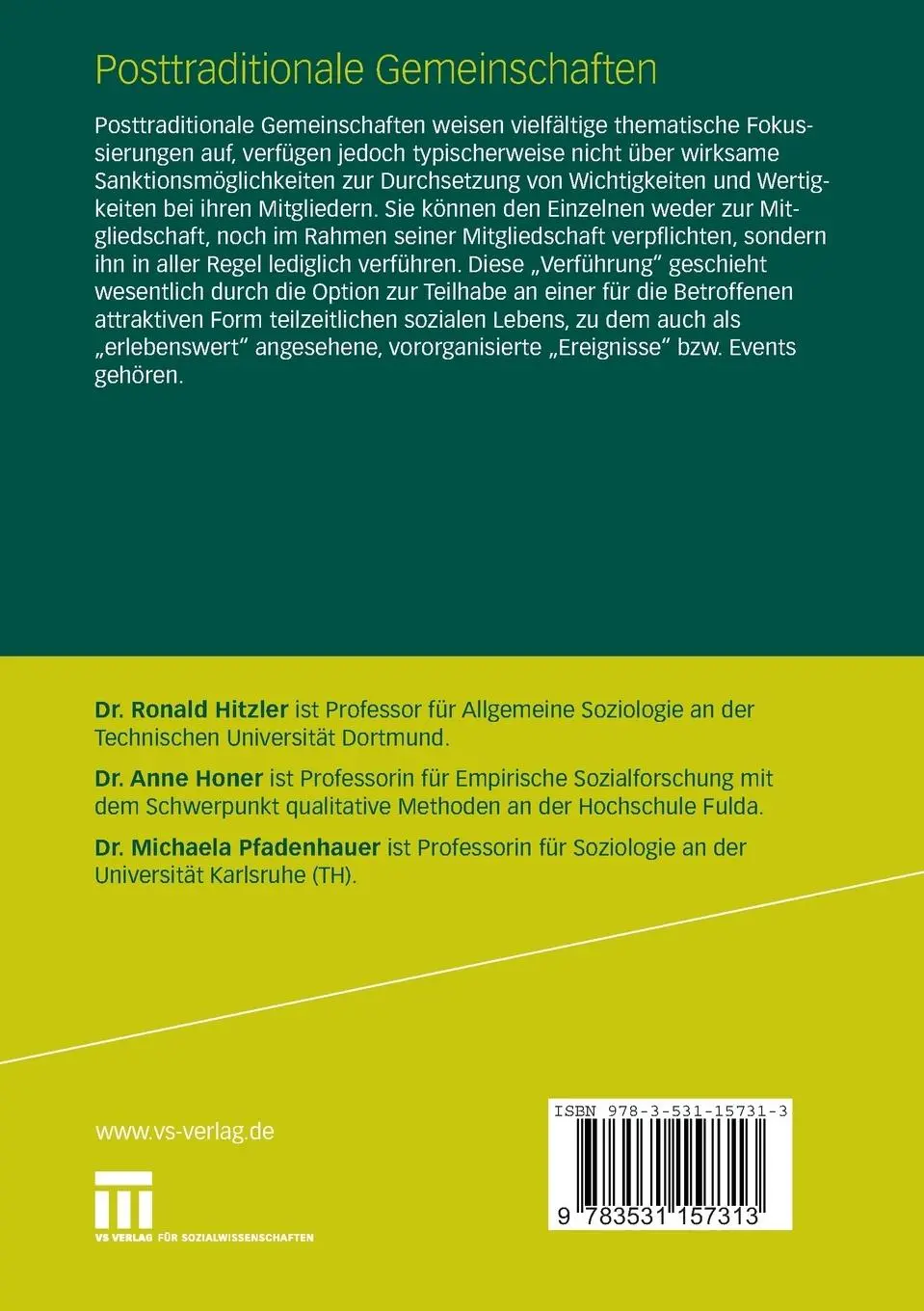 Rückseite: 9783531157313 | Posttraditionale Gemeinschaften | Ronald Hitzler (u. a.) | Taschenbuch