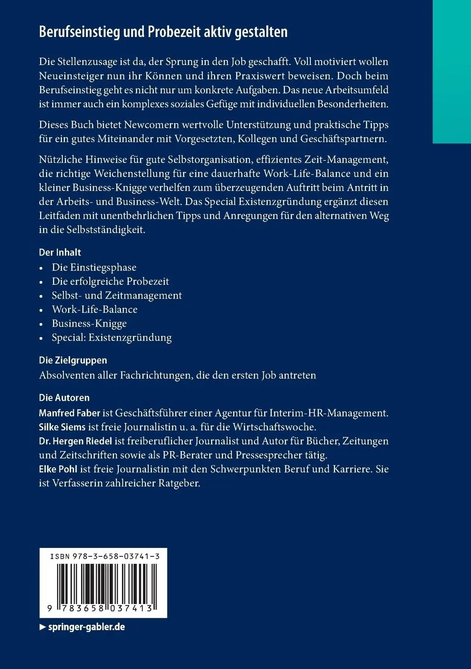 Rückseite: 9783658037413 | Berufseinstieg und Probezeit aktiv gestalten | Manfred Faber (u. a.)
