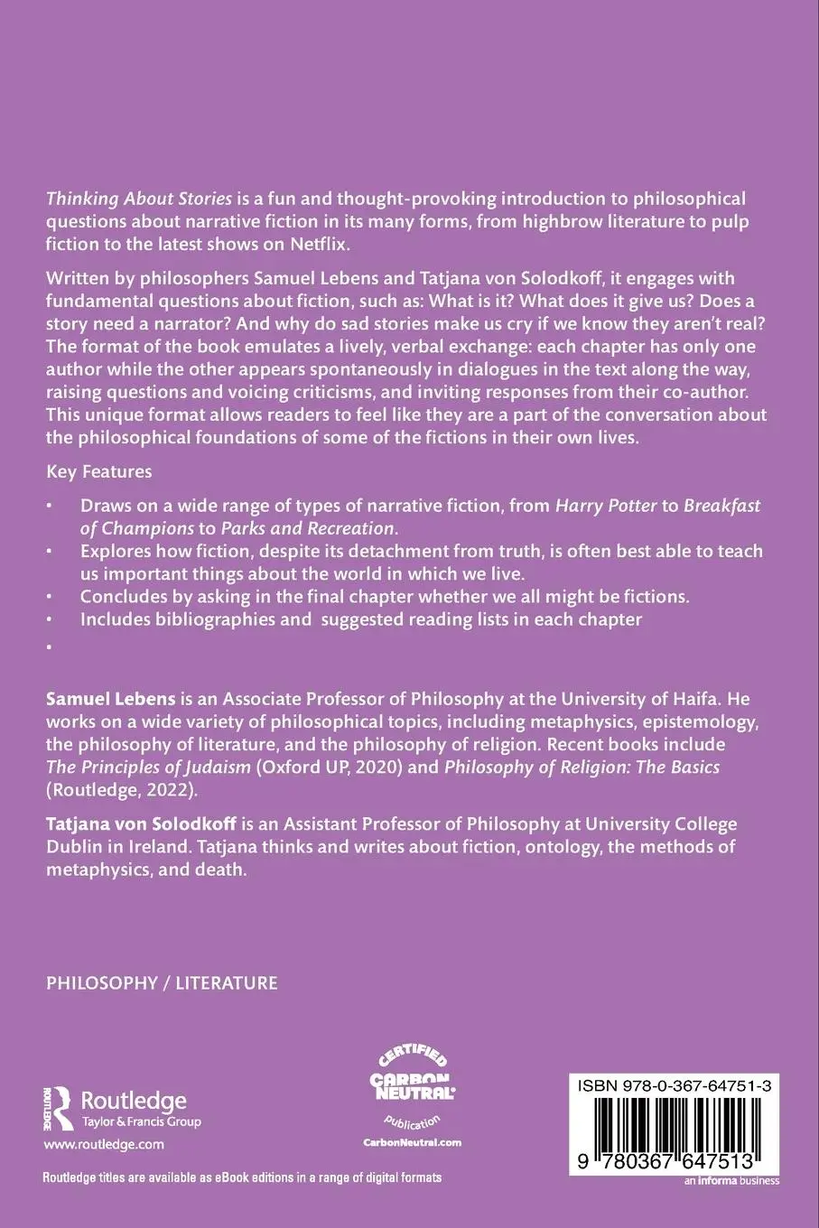 Rückseite: 9780367647513 | Thinking about Stories | An Introduction to Philosophy of Fiction