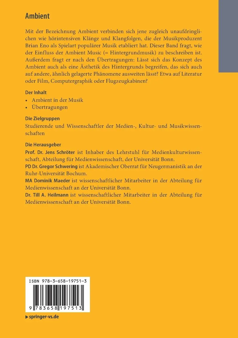 Rückseite: 9783658197513 | Ambient | Ästhetik des Hintergrunds | Jens Schröter (u. a.) | Buch