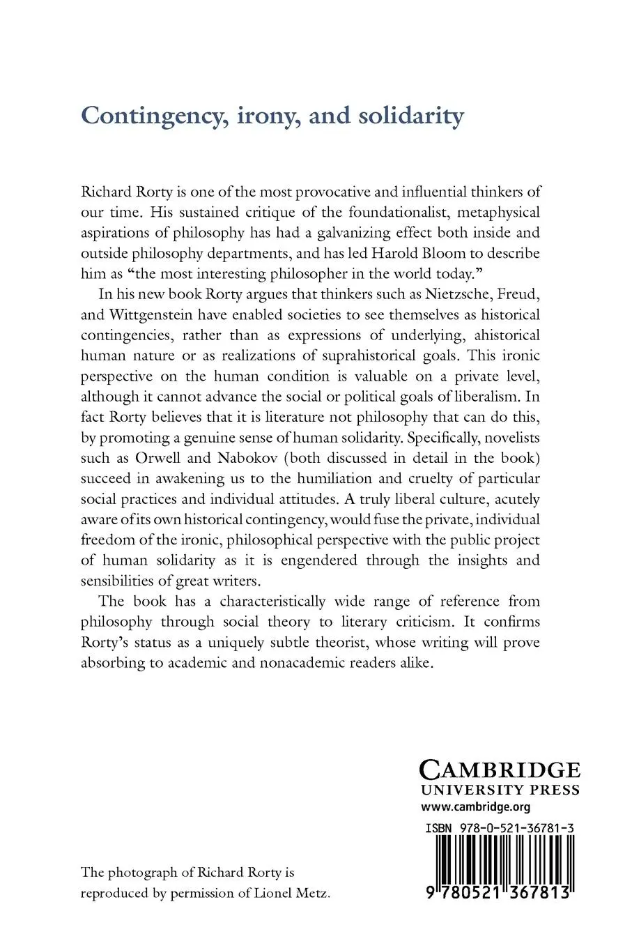 Rückseite: 9780521367813 | Contingency, Irony, and Solidarity | Richard Rorty | Taschenbuch