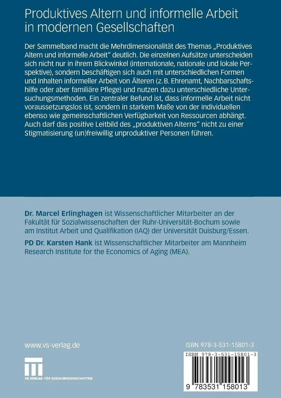 Rückseite: 9783531158013 | Produktives Altern und informelle Arbeit in modernen Gesellschaften