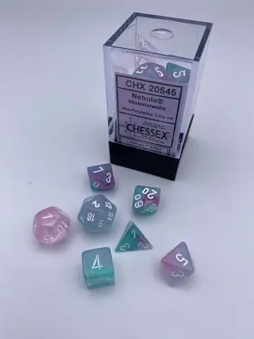Cover: 601982038113 | Nebula® Mini-Polyhedral Wisteria/white 7-Die set | Chessex