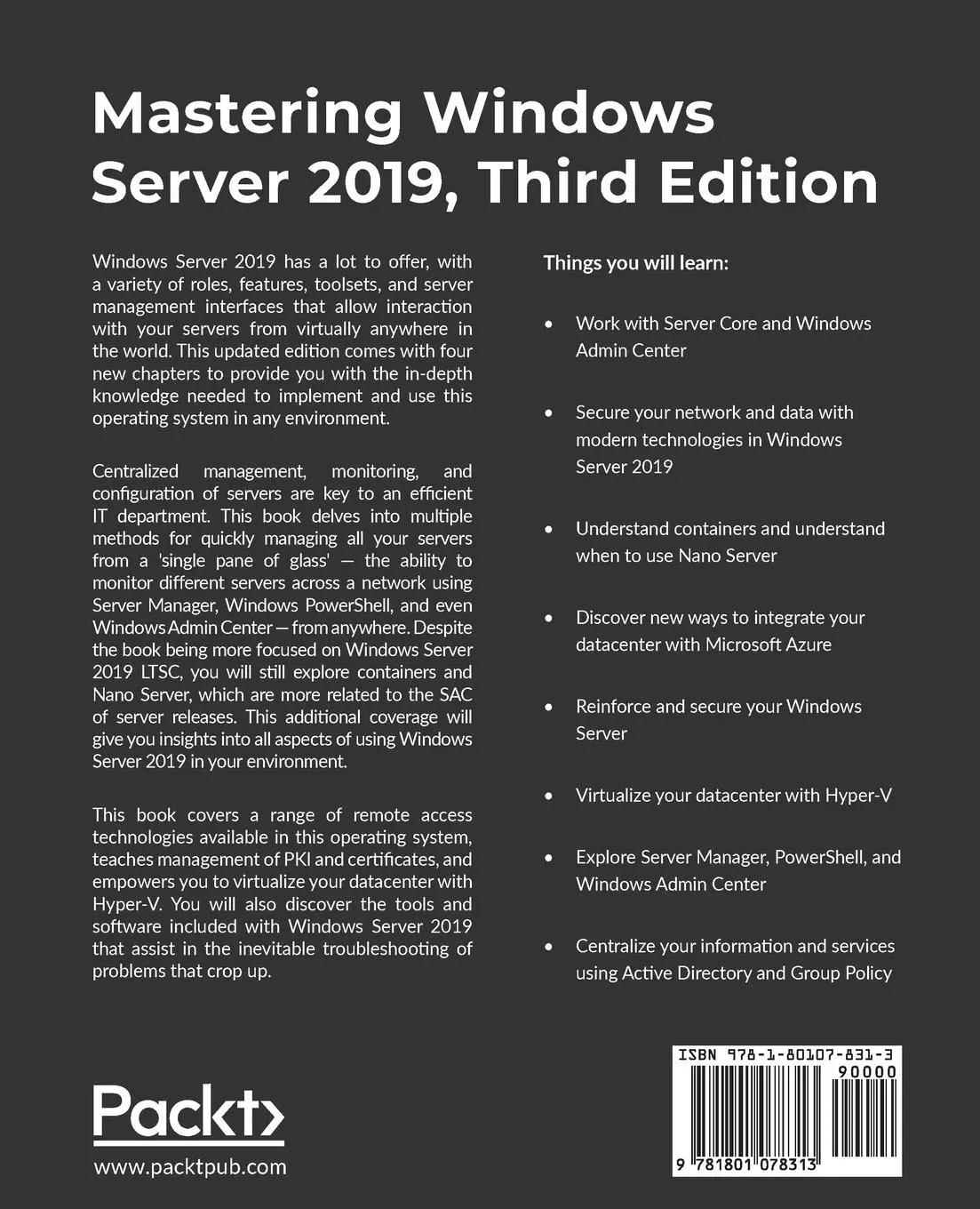 Rückseite: 9781801078313 | Mastering Windows Server 2019 - Third Edition | Jordan Krause | Buch