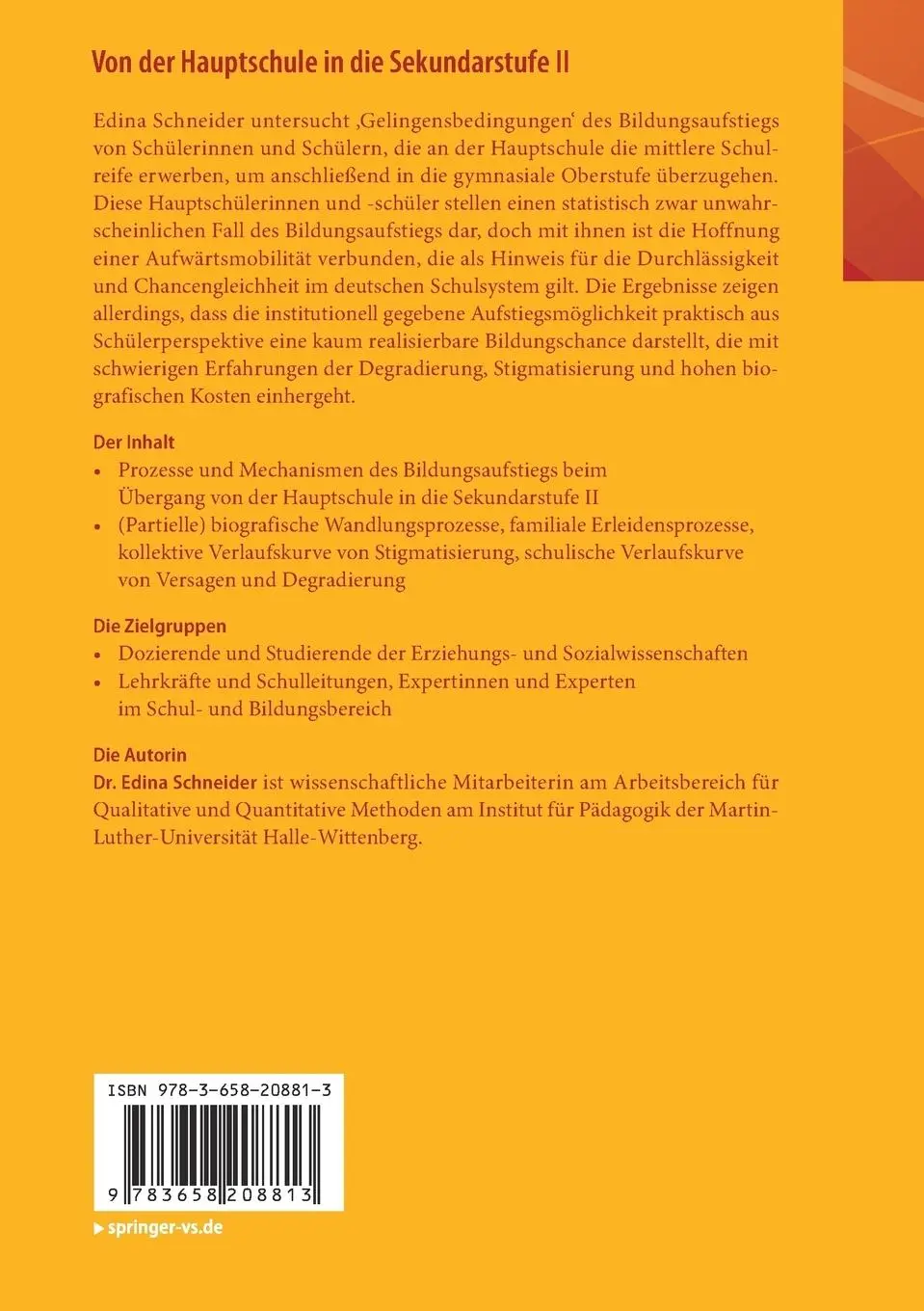 Rückseite: 9783658208813 | Von der Hauptschule in die Sekundarstufe II | Edina Schneider | Buch